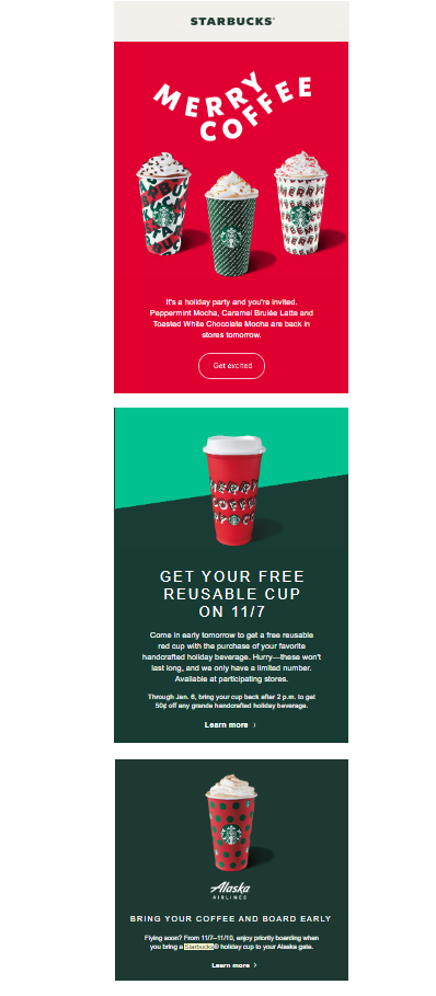 Starbucks email newsletter demonstrating the use of white space and frequent CTAs