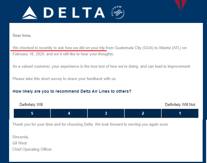 Example of delta encouraging customers to submit a survey. This could be used to encourage customers to write positive reviews.