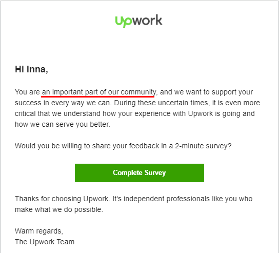 Example of Upwork encouraging customers to submit a survey. This could be used to encourage customers to write positive reviews.