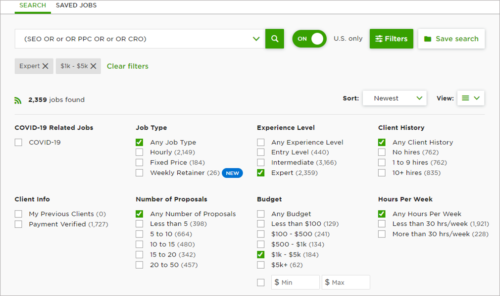 Screenshot of Upwork, showing how one can target a very specific client on the platform and turn this into an outbound lead generation effort.