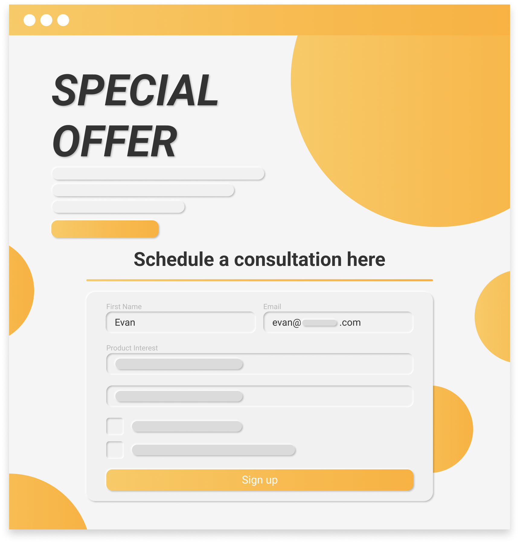 Special offer sign up form from a landing page