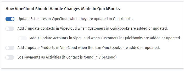 Screenshot of QuickBooks integration settings